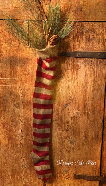 Red Striped Wool Stocking with Pine Sprigs!
