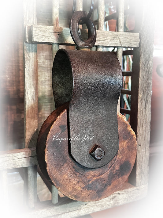 Antique Primitive Cast Iron wood Pulley